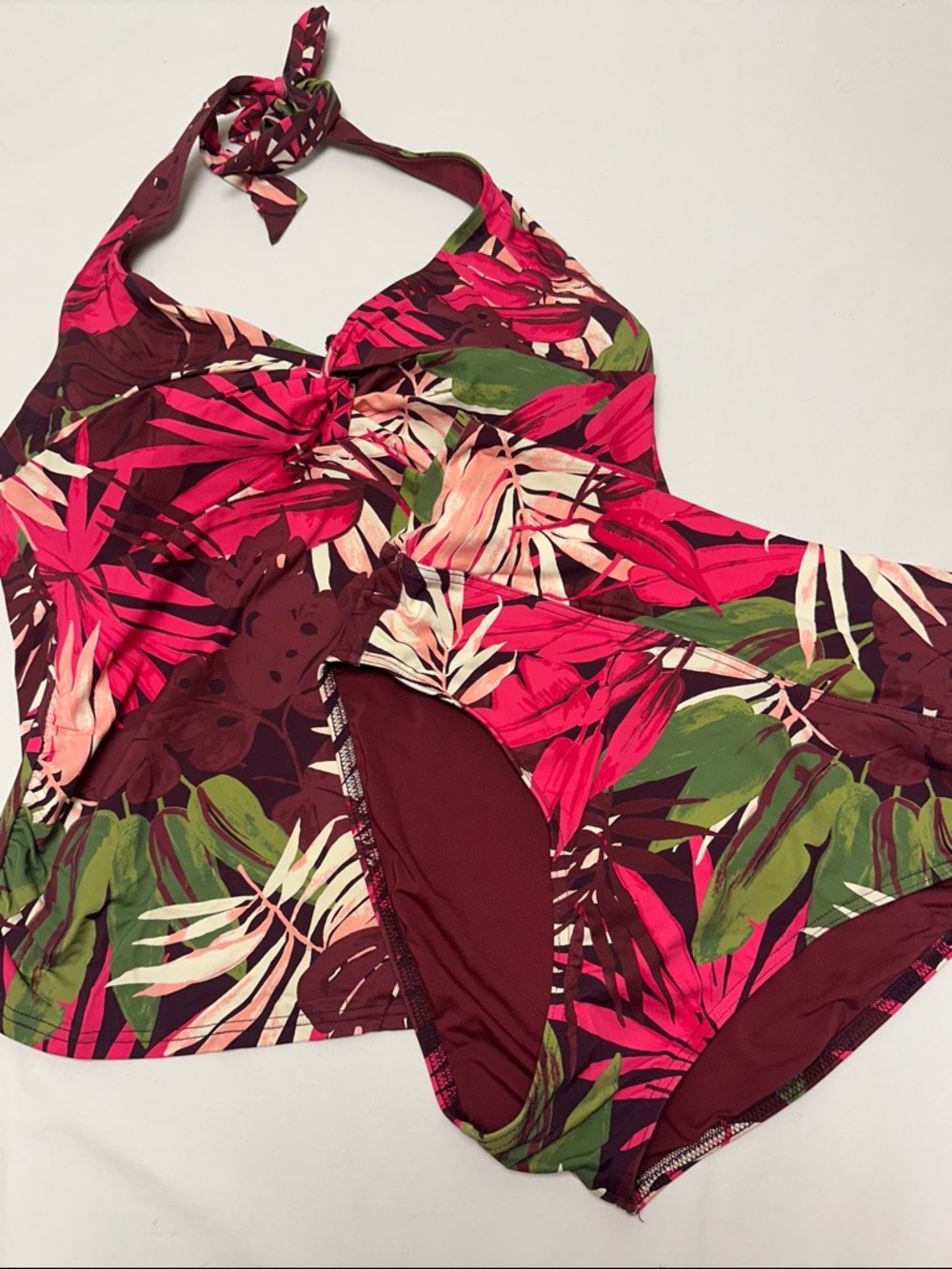 Lands' End Pink & Green Tropical Print Halter Swim Tankini